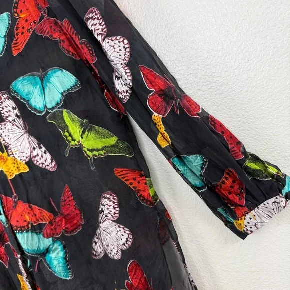 Alice & Olivia Blouse Womens Medium Black Sheila Button Up Butterflies Sheer Top - Picture 6 of 14